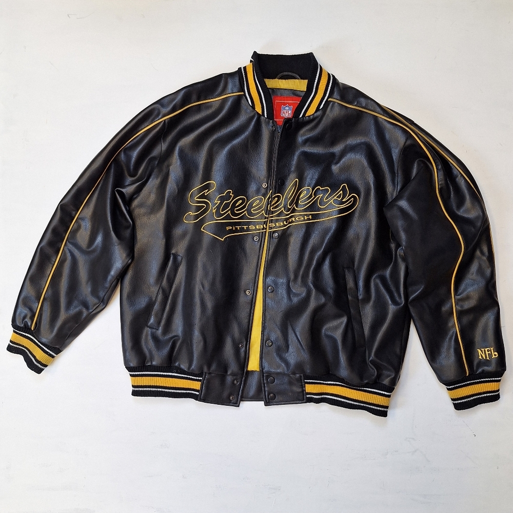 NFL Pittsburgh Steelers Black Faux Leather Jacket with gold detail